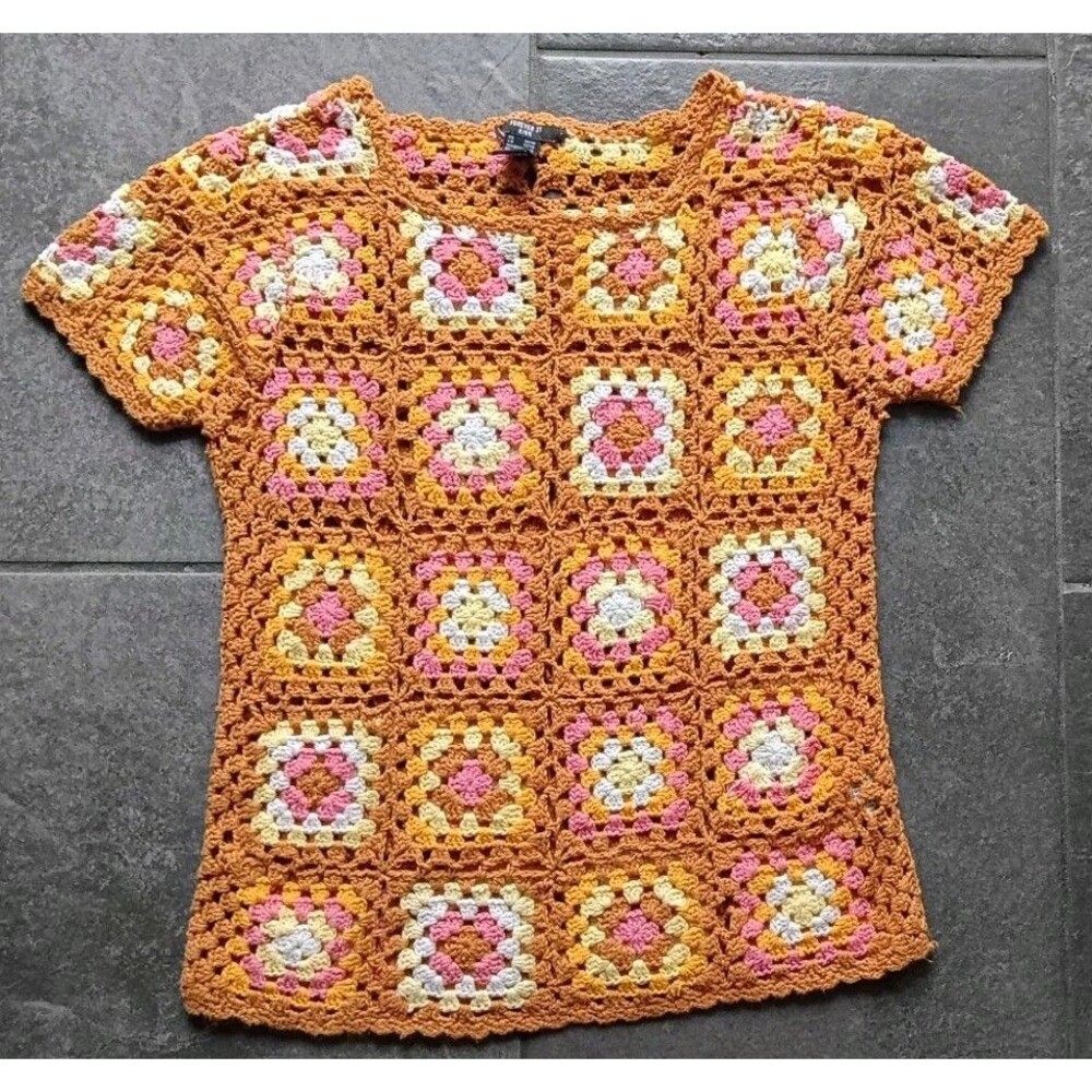 Women's XS Granny Square Crochet Top Boho Festival Cottagecore 100% Cotton